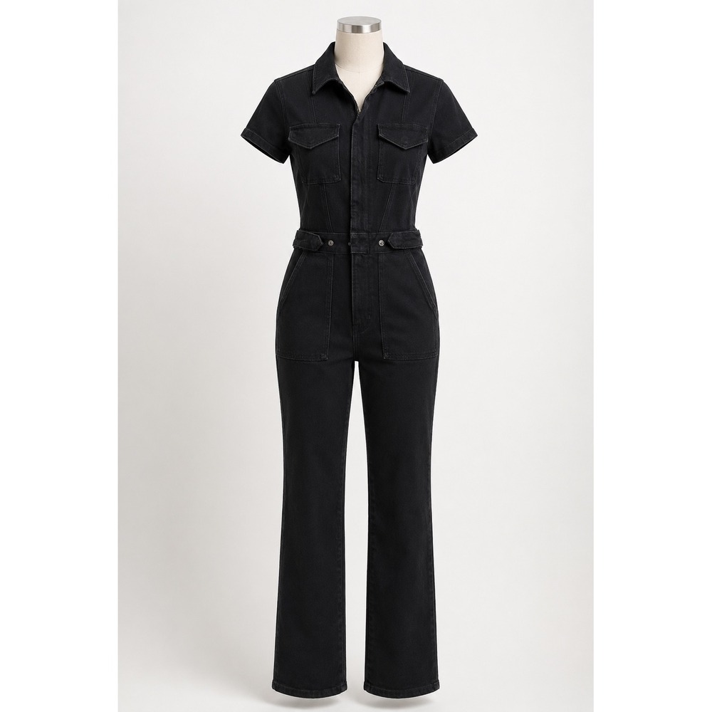 Good American Fit for Success Short Sleeve Denim Jumpsuit Black Utility 0/2XS